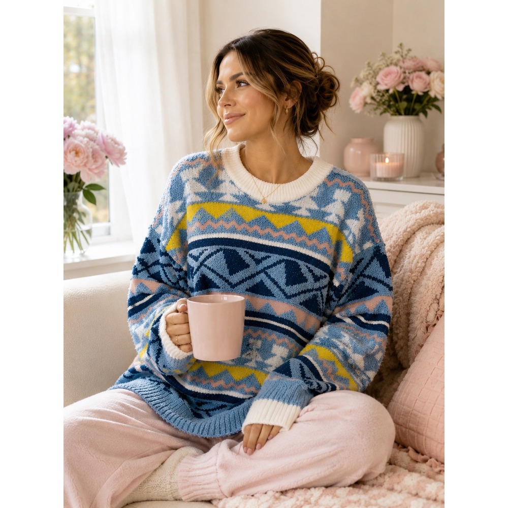 J.INC Women's Blue Aztec Fuzzy Knit Sweater Size Large Oversized Soft Cozy